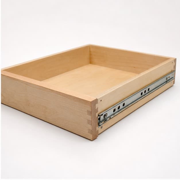 Low side angle showing the thickness and edge profile of Custom Pull-Out Cabinet Drawer Box