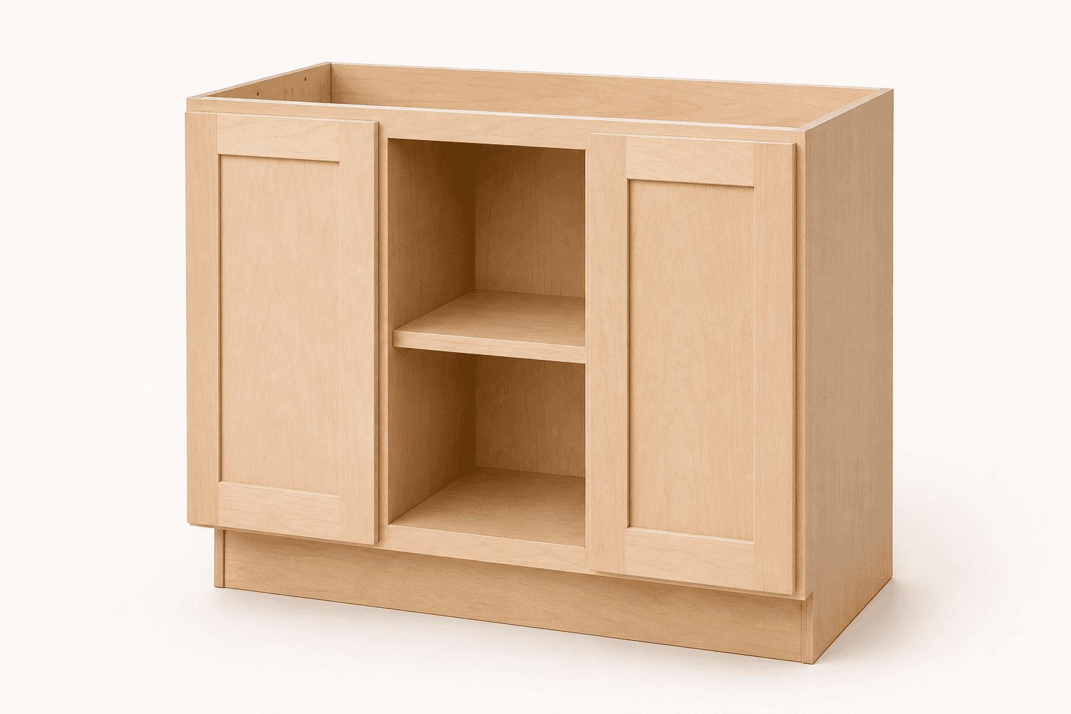 One unfinished maple plywood ready-to-assemble coffee bar base cabinet with hard maple face frame and open center shelf