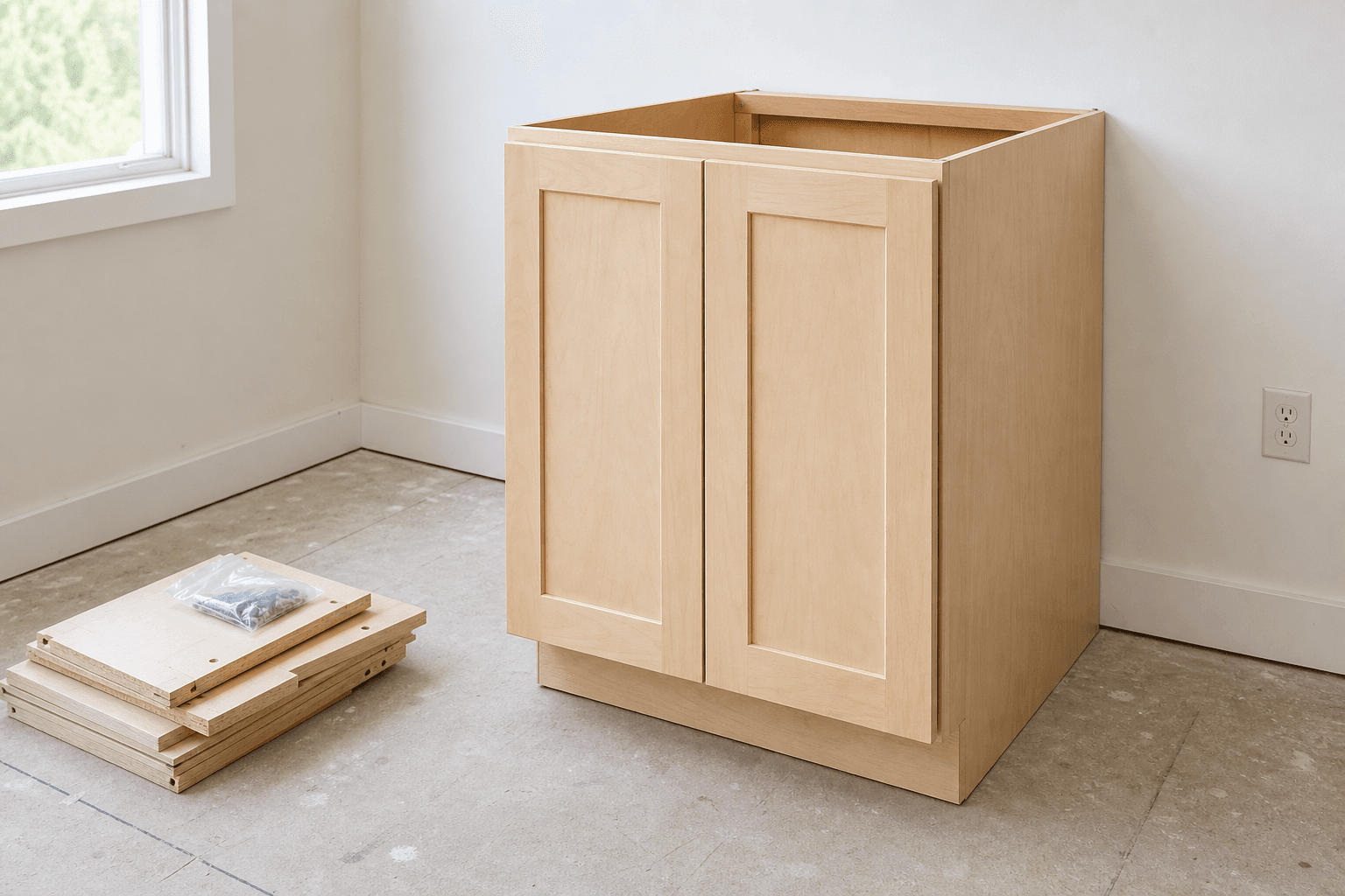 RTA Maple Plywood Base Cabinet 24 x 24 shown assembled in a realistic renovation space