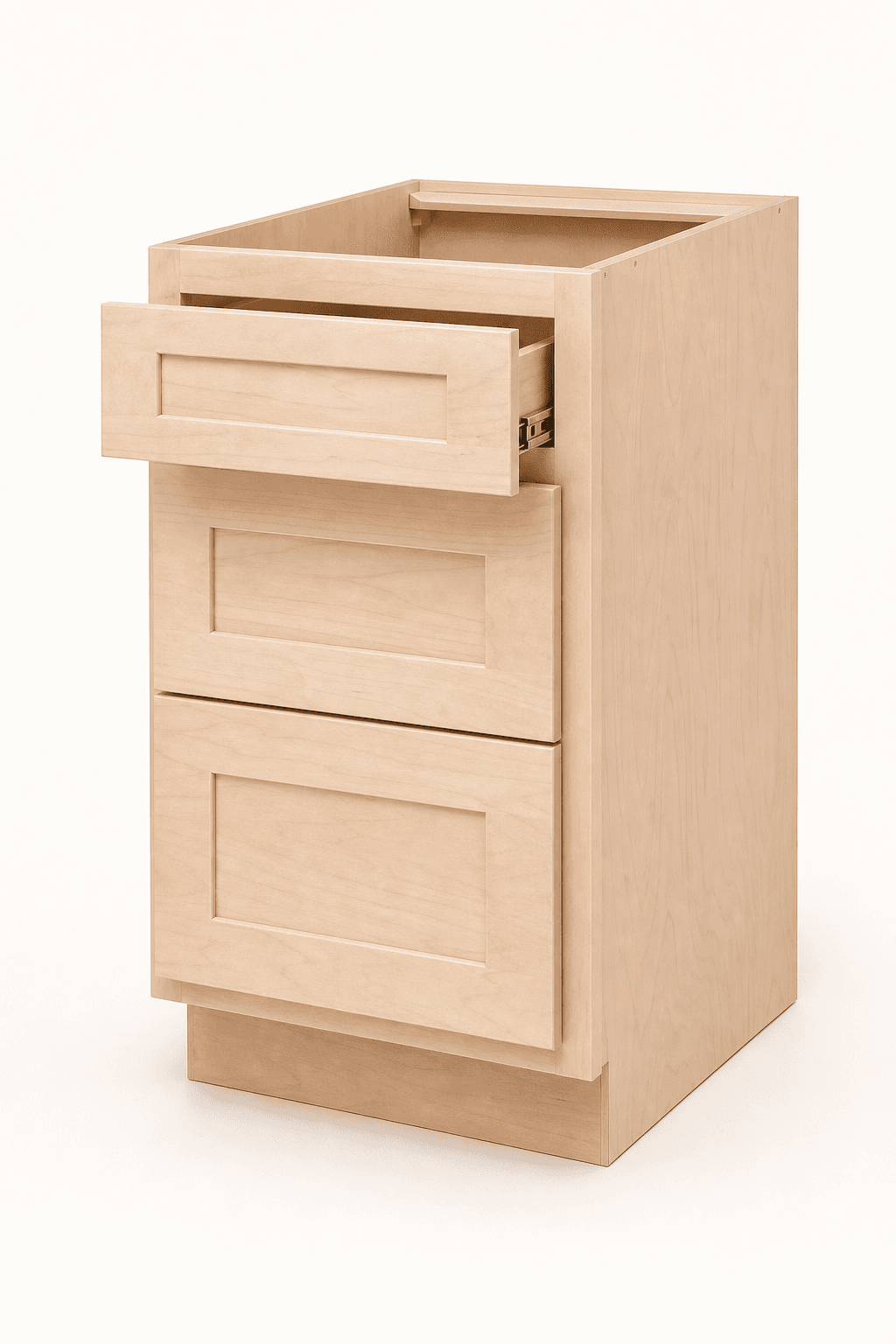 One unfinished maple plywood ready-to-assemble drawer base cabinet with a hard maple face frame and three shaker drawer fronts