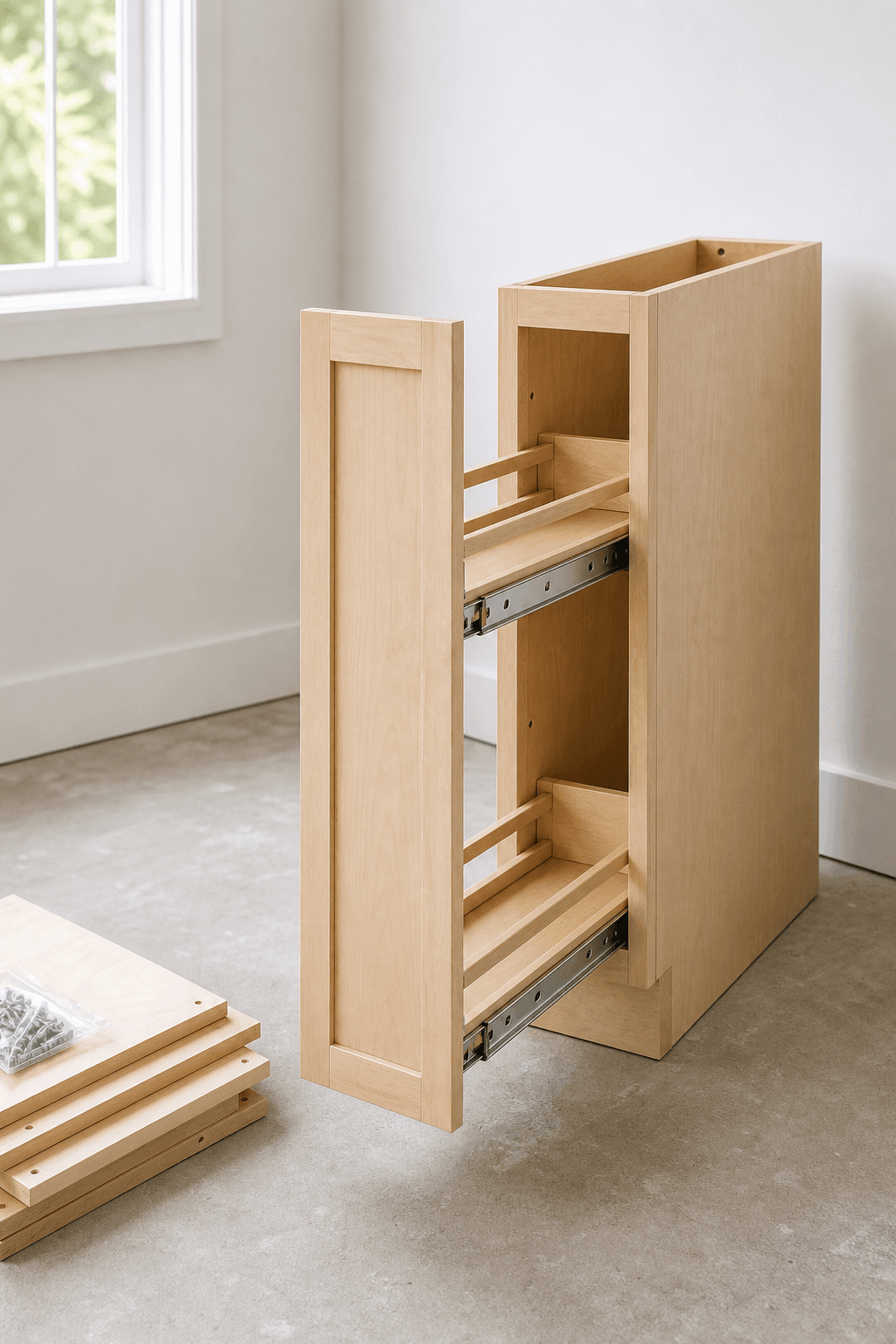 RTA Slim Spice Pull-Out Cabinet 9 x 24 shown assembled in a realistic renovation space