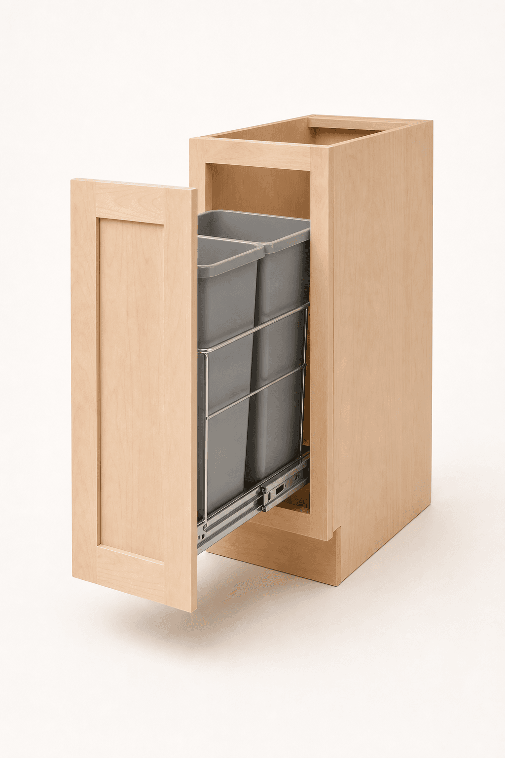 One unfinished maple plywood ready-to-assemble trash pull-out cabinet with a hard maple face frame and two bins