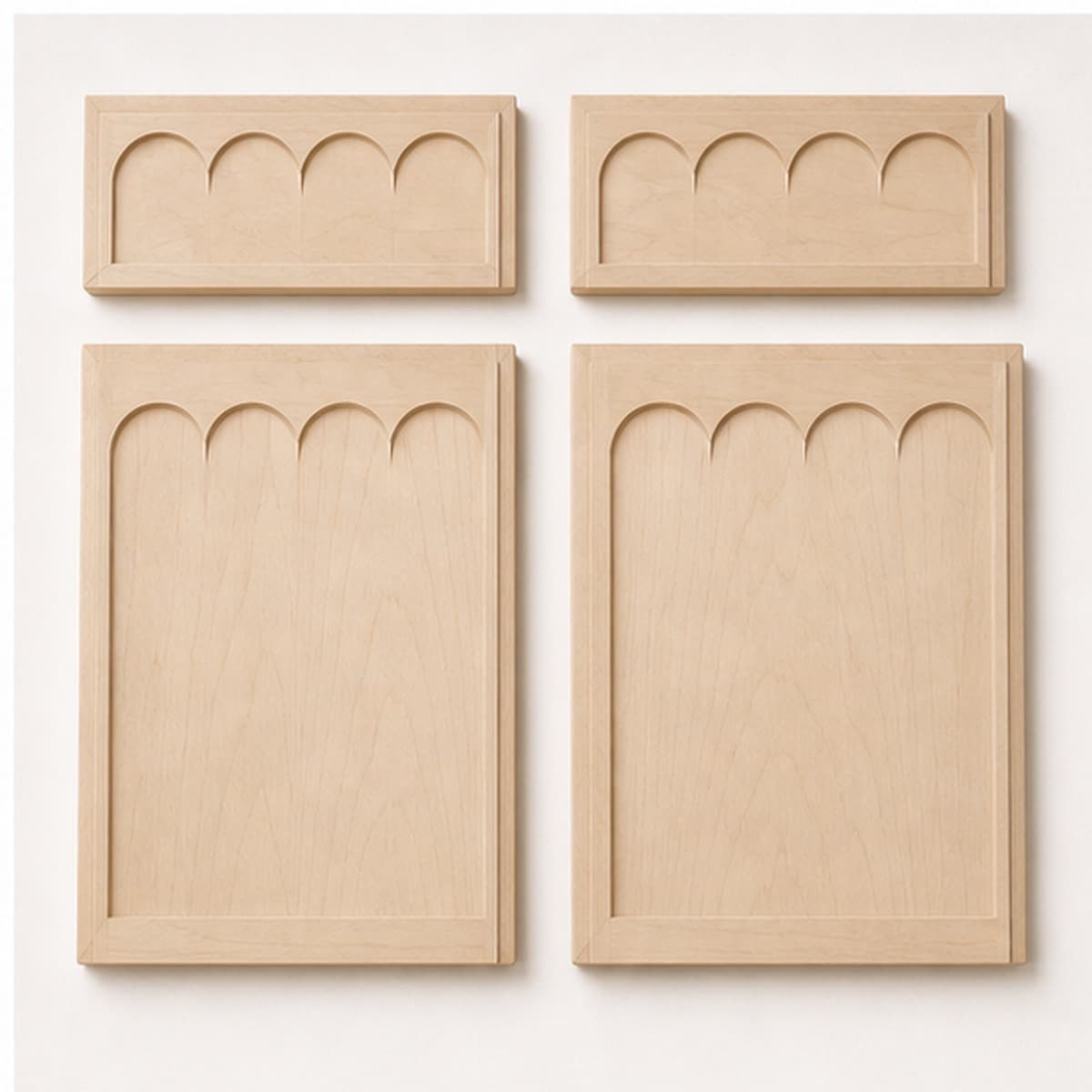 Scalloped Maple Vanity Front Set shown as a clean product-only view on a warm white surface