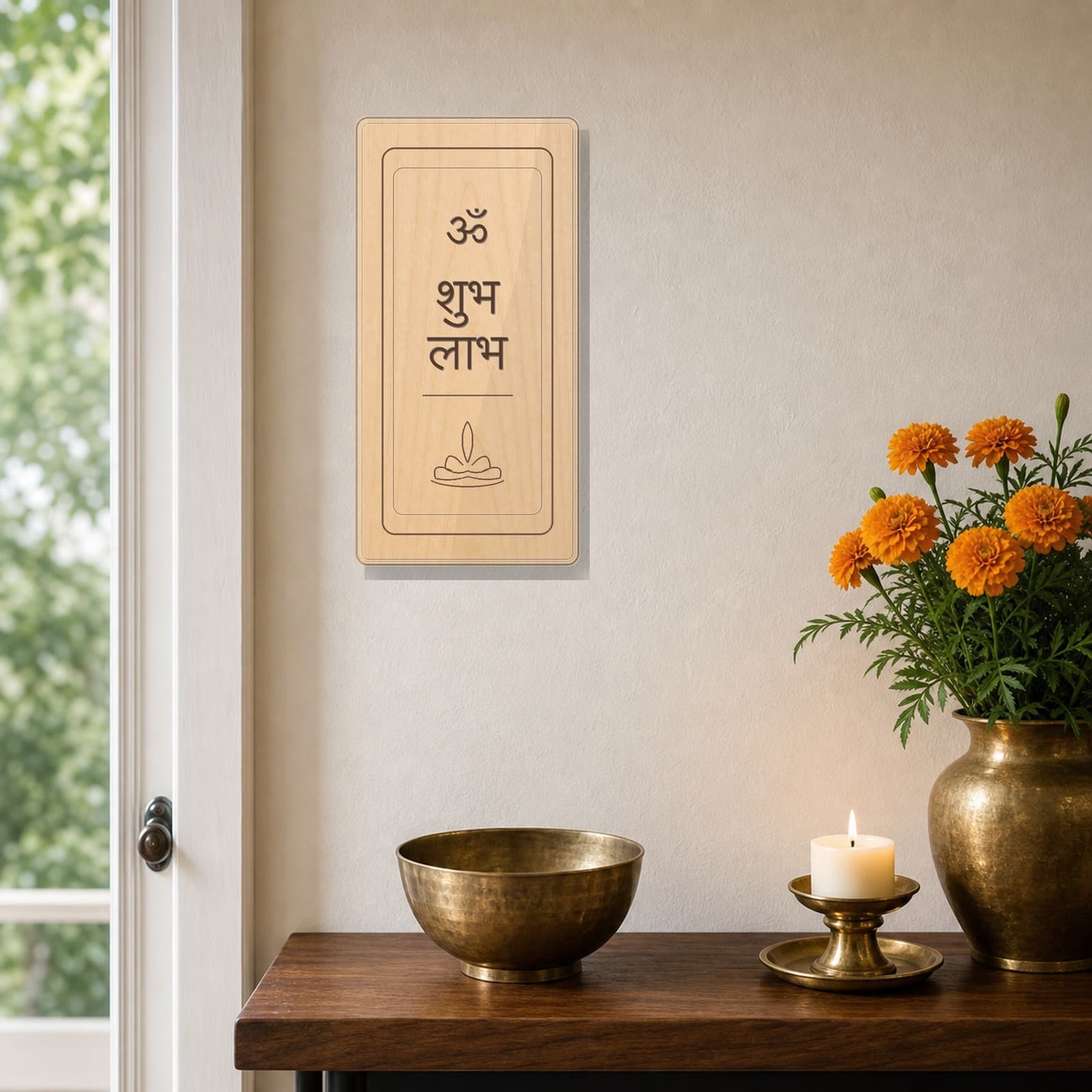 Shubh Labh maple door plaque displayed beside a home altar shelf