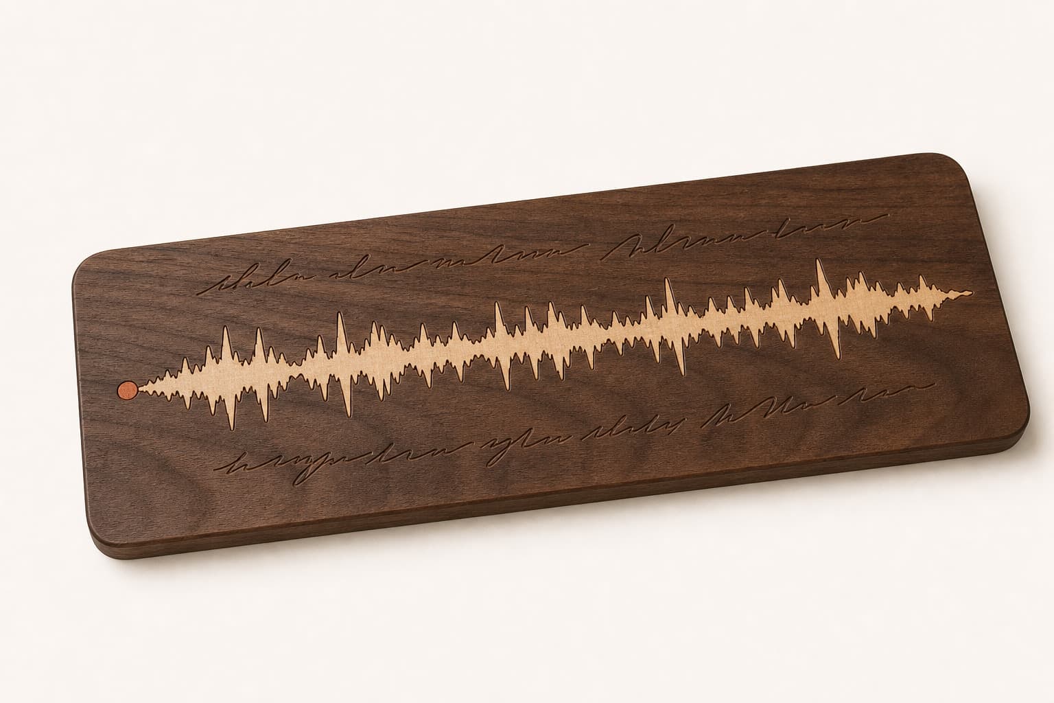 Custom Soundwave Walnut Keepsake Plaque photographed on a warm white product surface