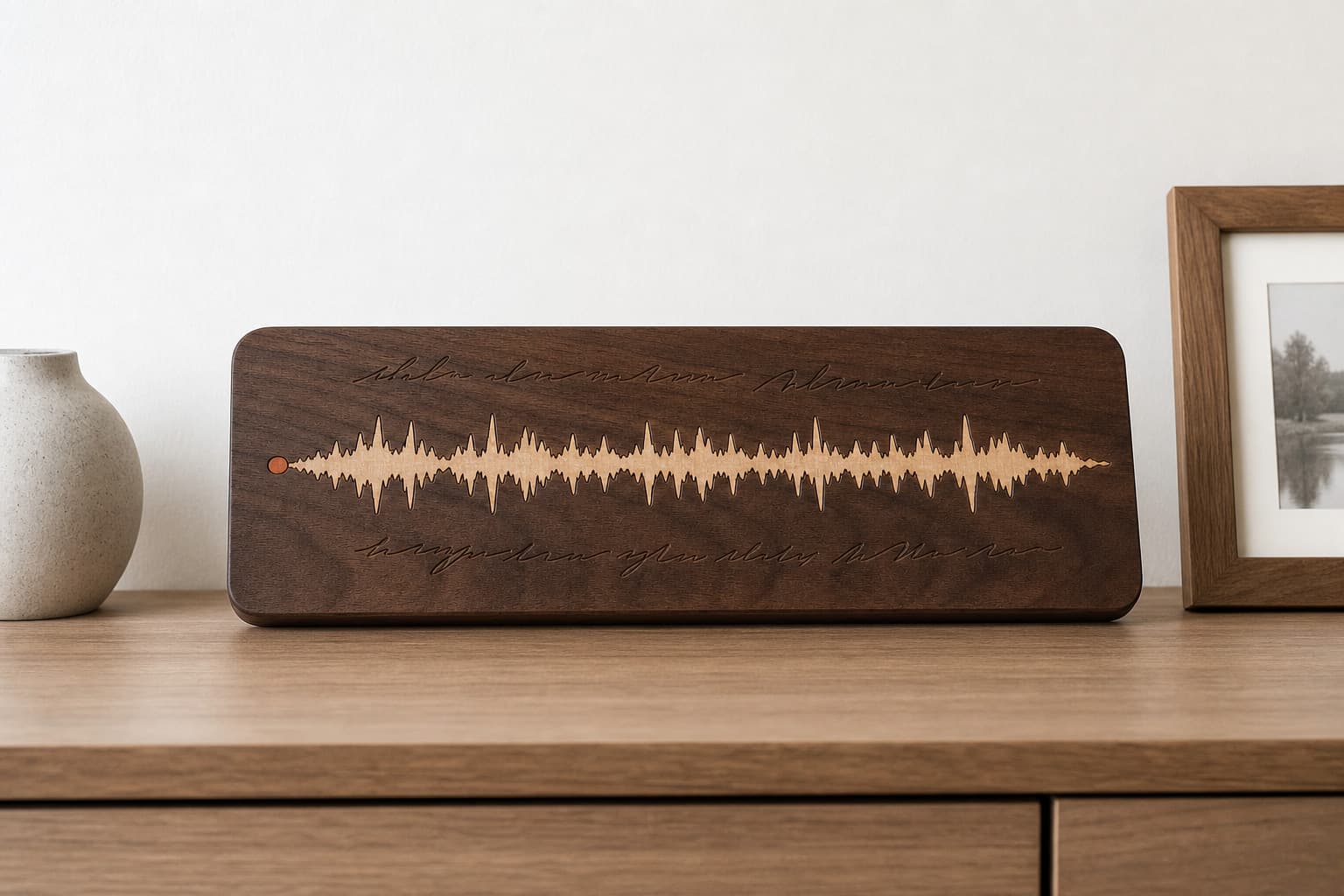 Custom Soundwave Walnut Keepsake Plaque displayed on a clean wood shelf