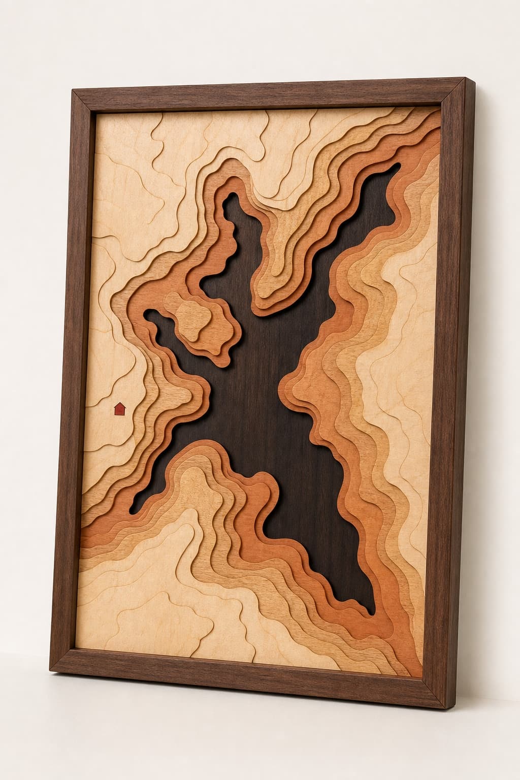Custom Topographic Lake Wood Map photographed on a warm white product surface