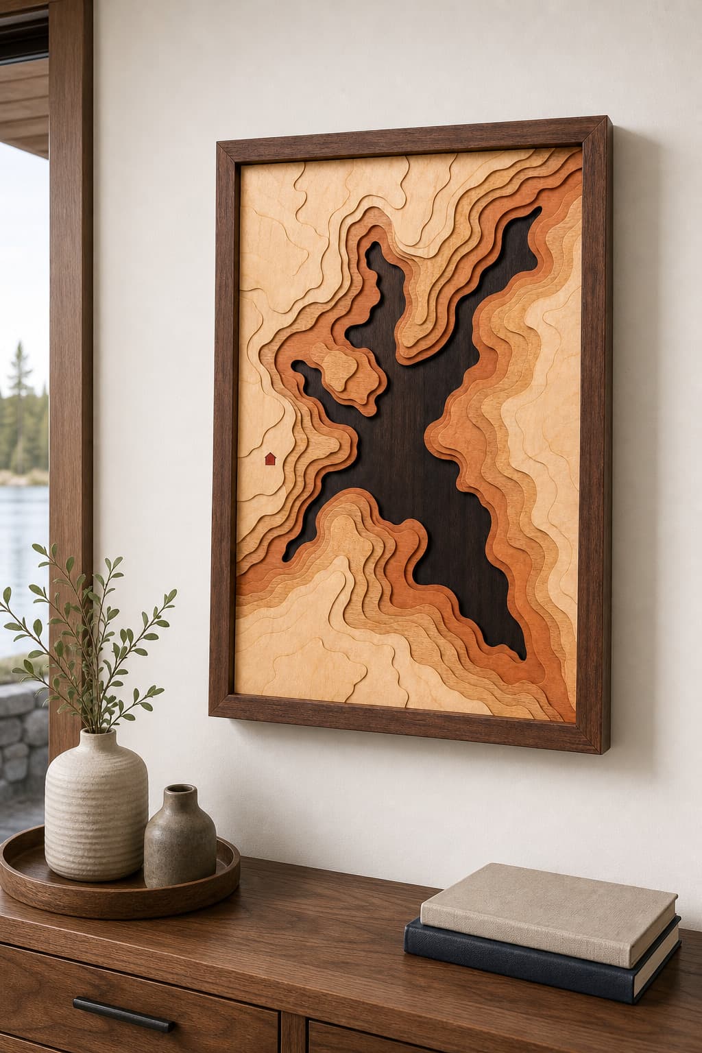 Custom Topographic Lake Wood Map mounted in a bright lake-house entry