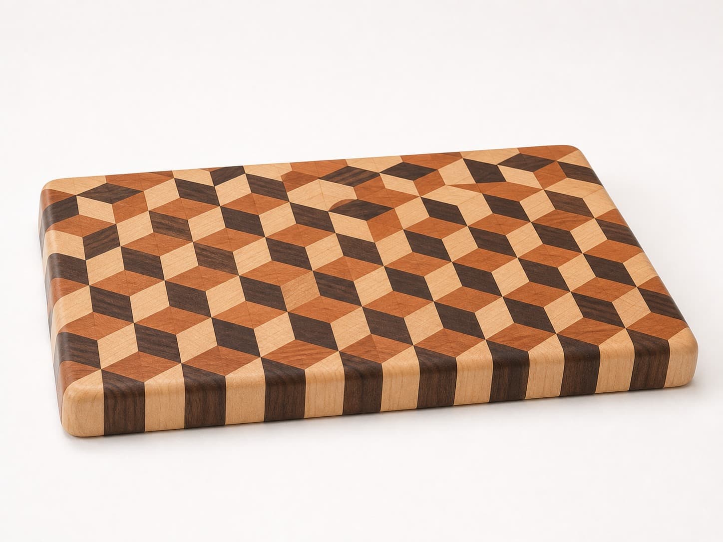 Low side angle showing the thickness and edge profile of Tumbling Blocks End Grain Chef Board