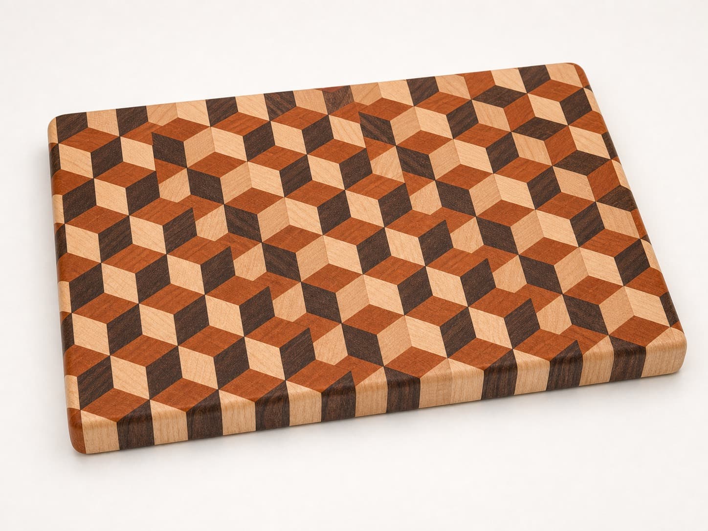 Tumbling Blocks End Grain Chef Board photographed on a warm white product surface