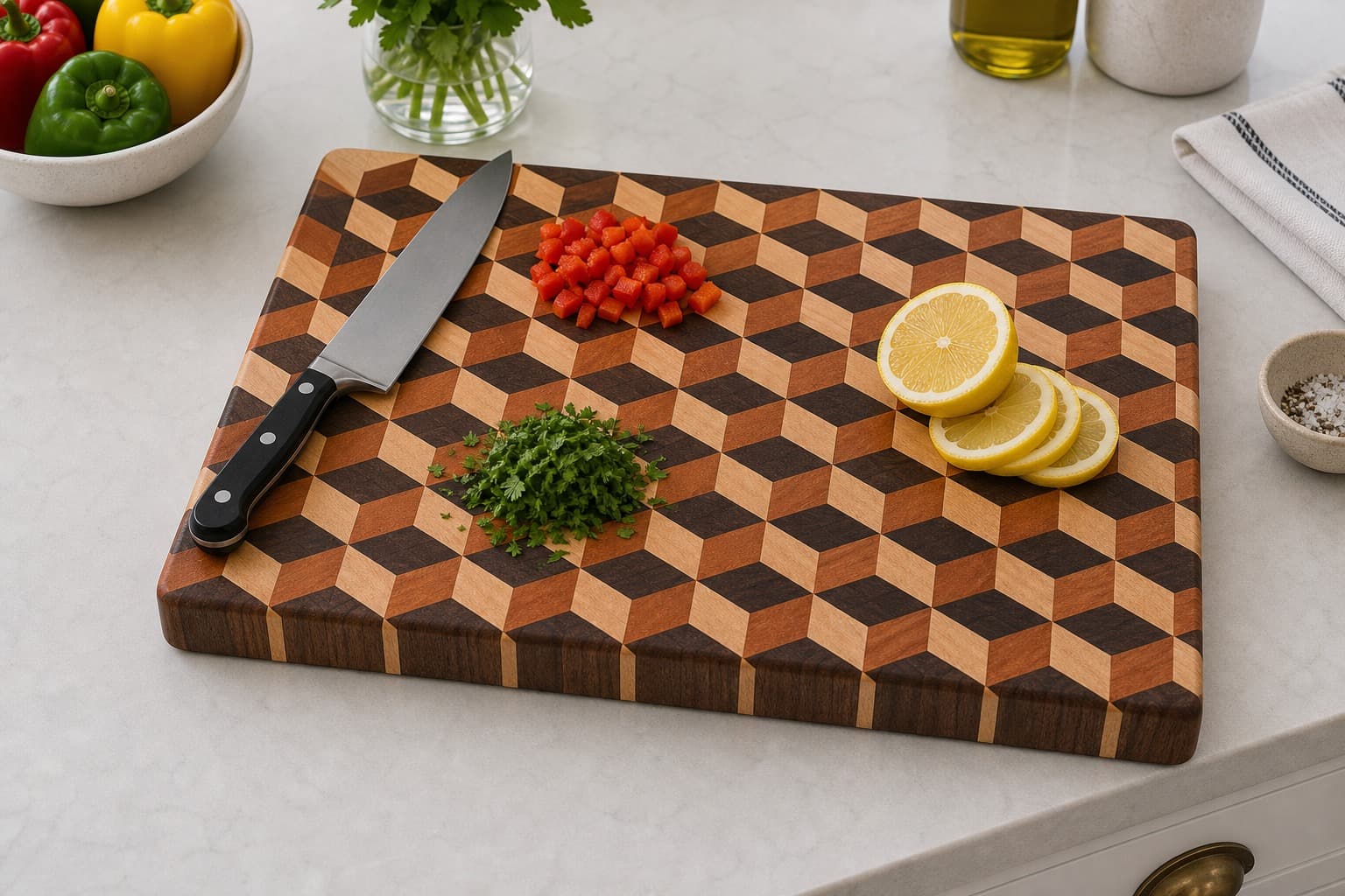 Tumbling Blocks End Grain Chef Board being used in a realistic kitchen setting
