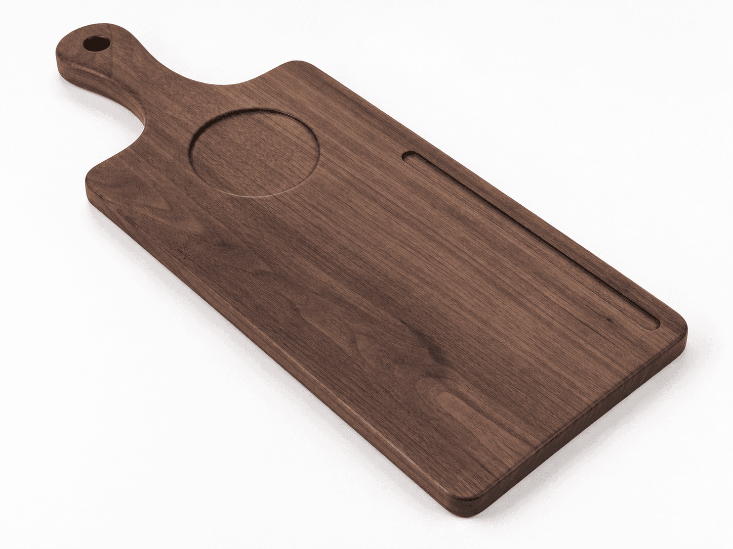 Walnut Charcuterie Paddle Board photographed alone on a warm white surface
