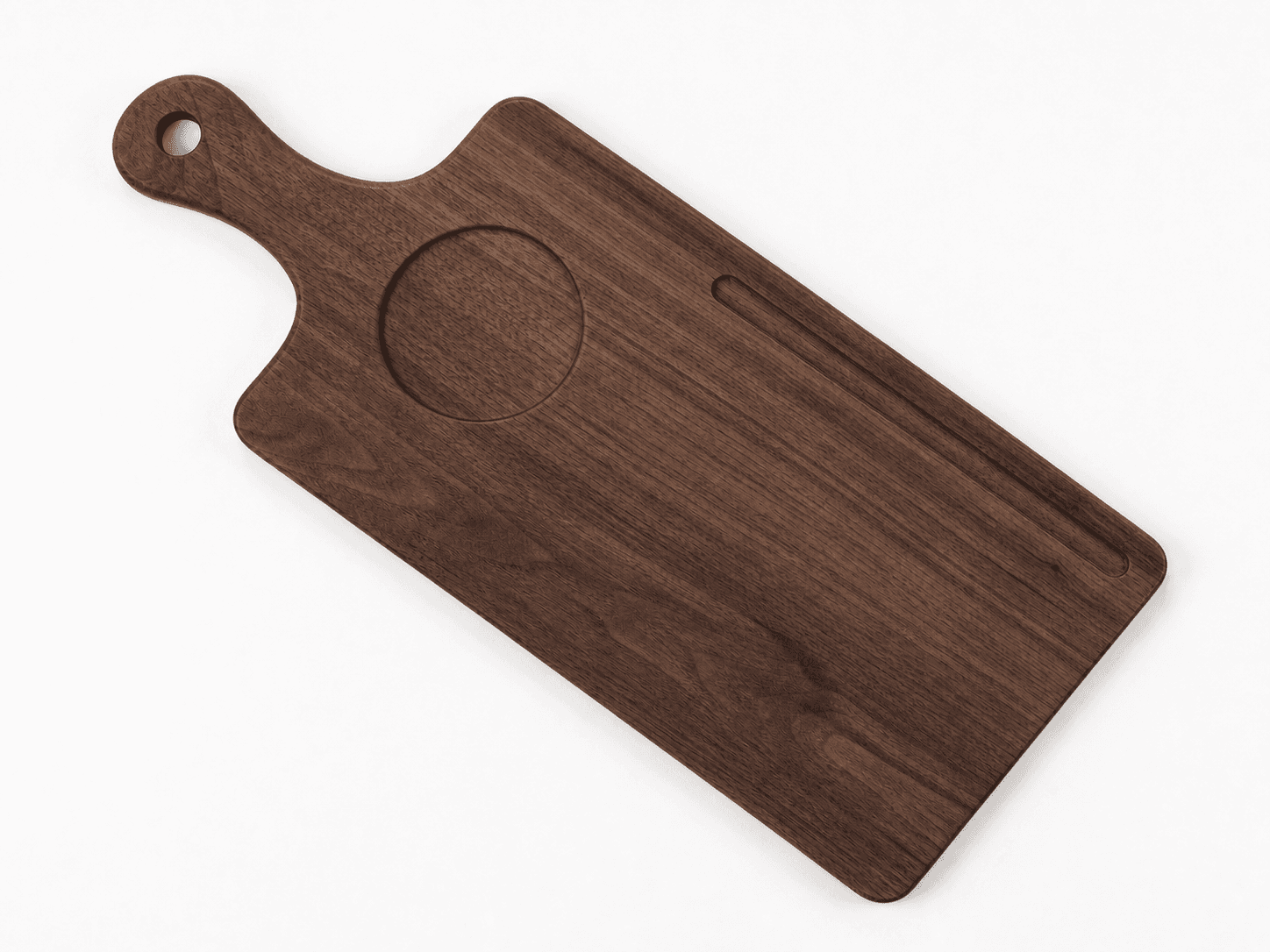 Overhead view of the walnut paddle, circular recess, and single cracker rail