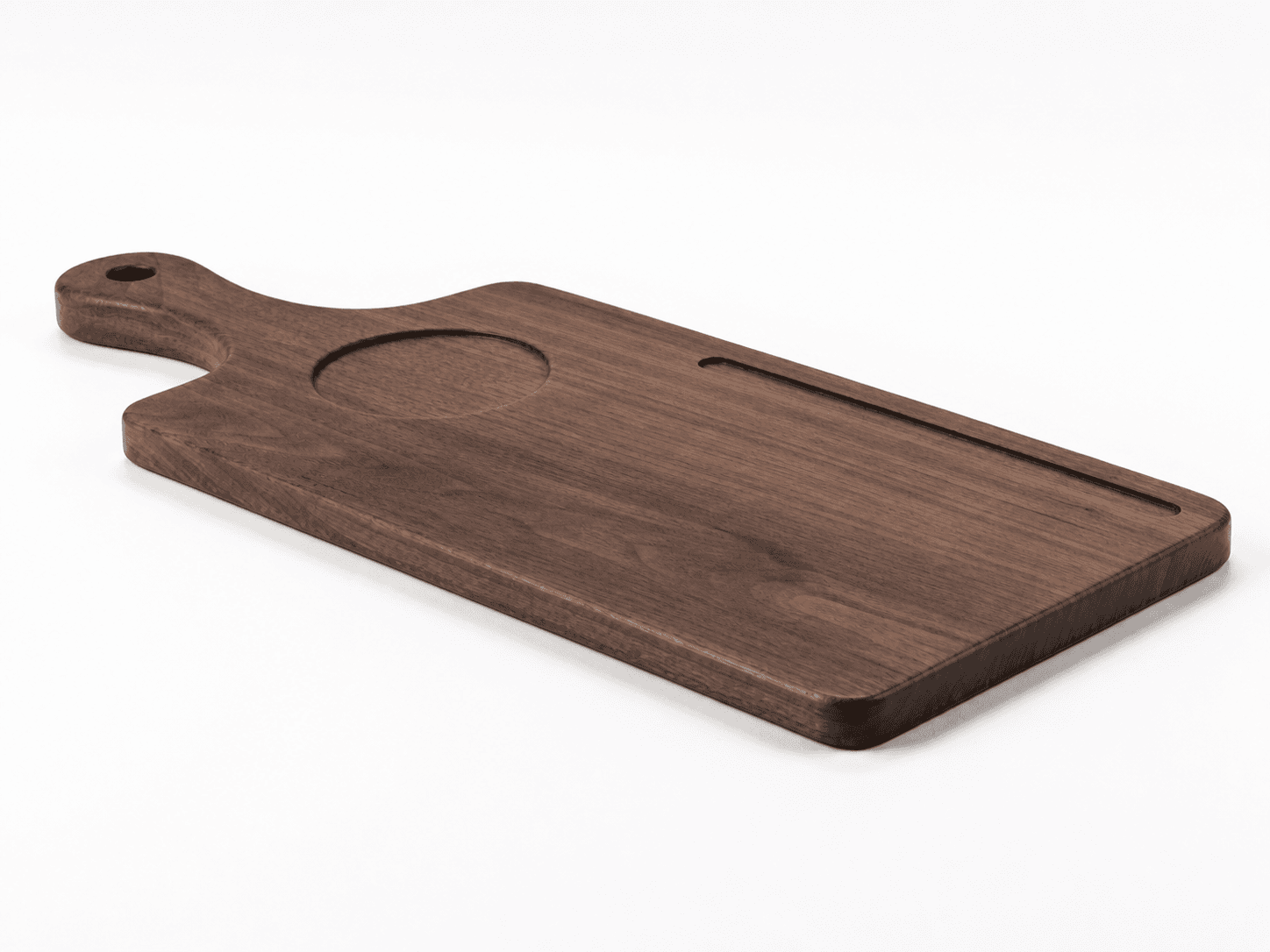 Low side view showing the seven-eighth-inch edge and shallow CNC routing