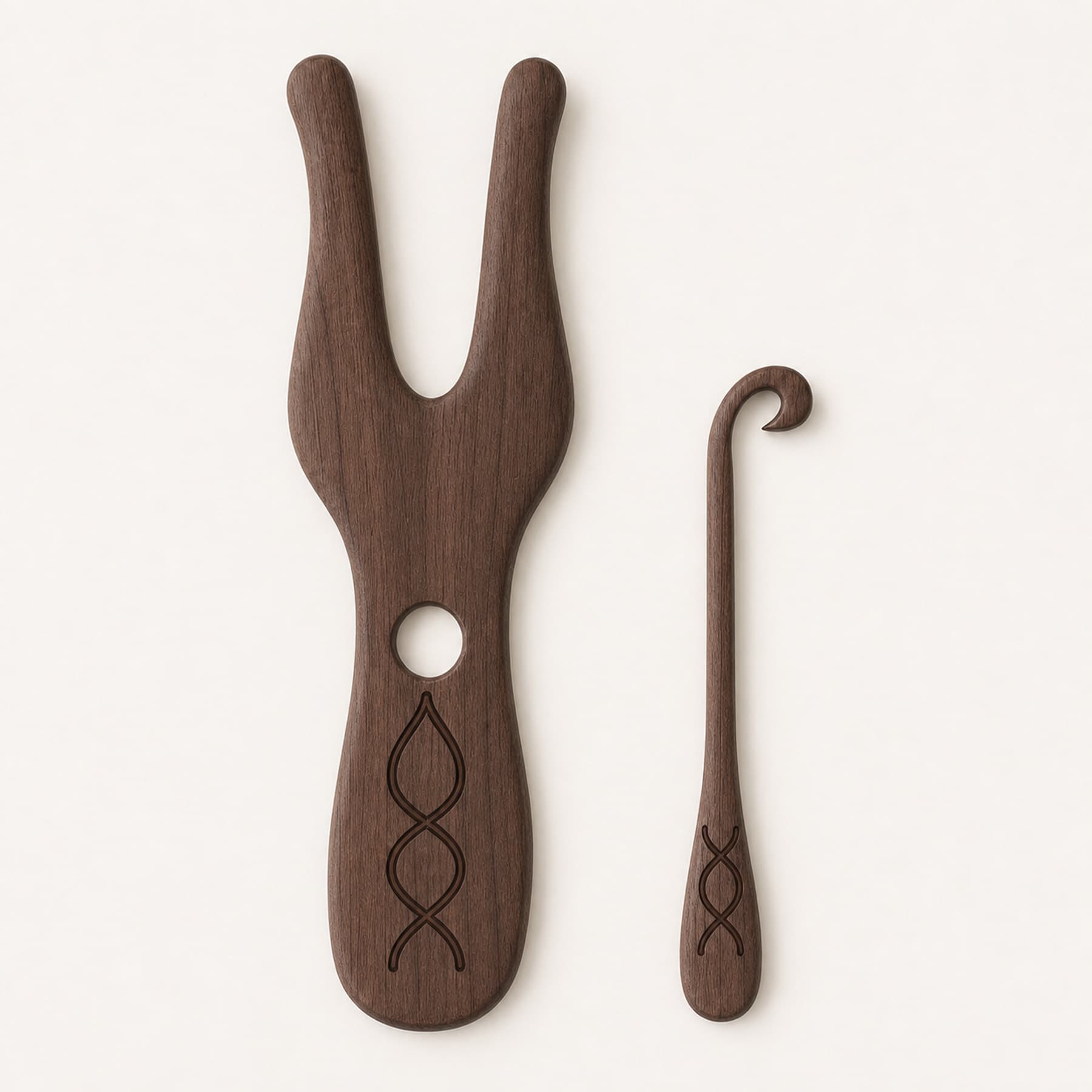Overhead view of the walnut lucet and matching loop lifter