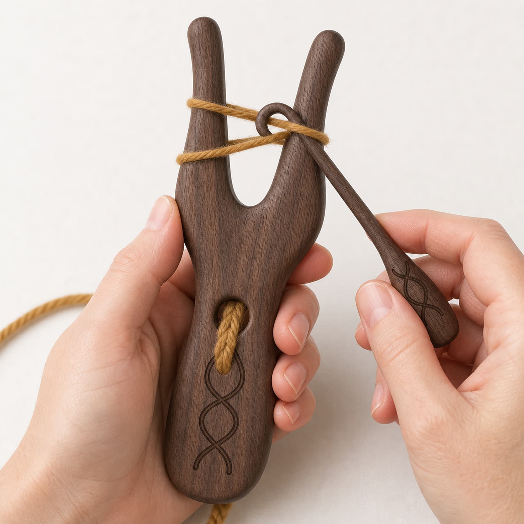 Walnut Cordweave lucet set making ochre cord with the included loop lifter