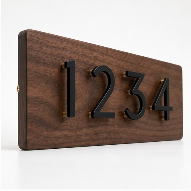 Low side angle showing the thickness and edge profile of Walnut Address Plaque with Metal Numbers