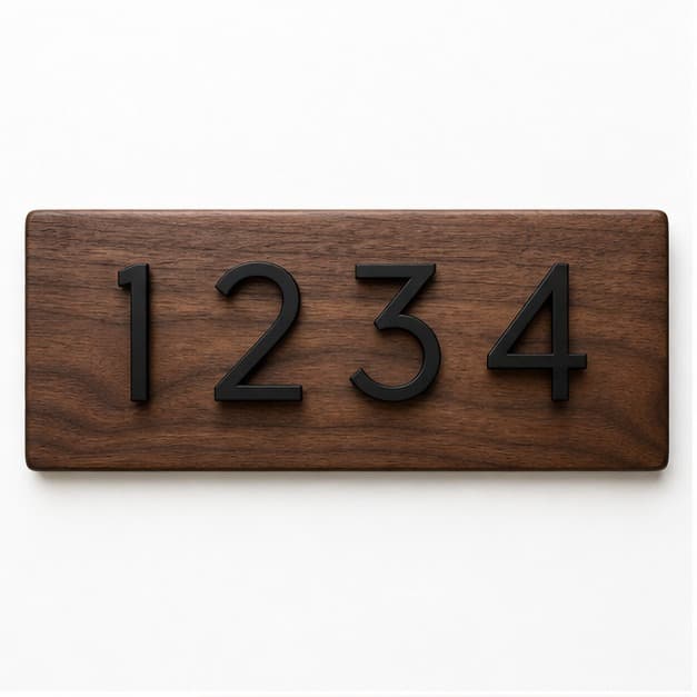 Walnut Address Plaque with Metal Numbers photographed on a warm white product surface