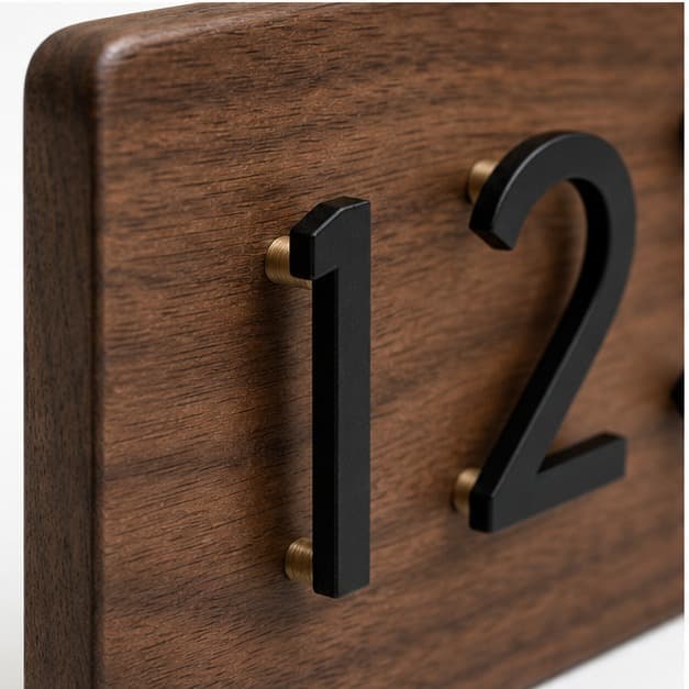 Close grain and material detail of Walnut Address Plaque with Metal Numbers