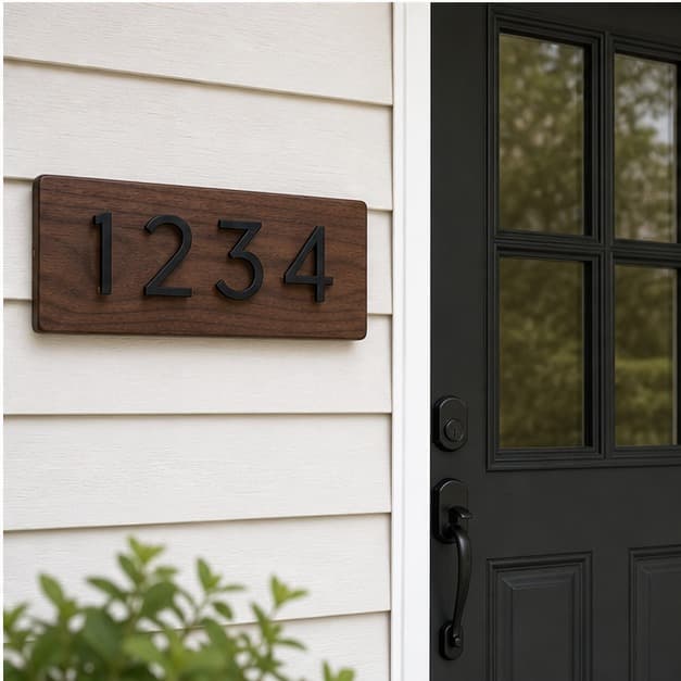 Walnut Address Plaque with Metal Numbers being used in a realistic kitchen setting