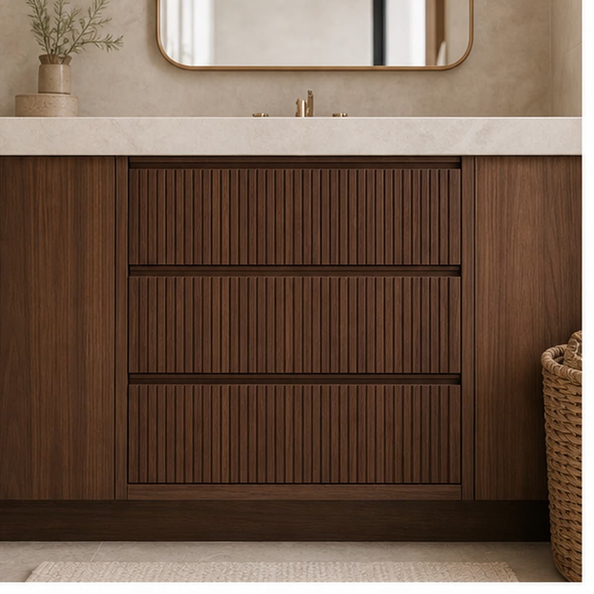 Walnut Reeded Drawer Front Set shown installed or in use in a realistic room