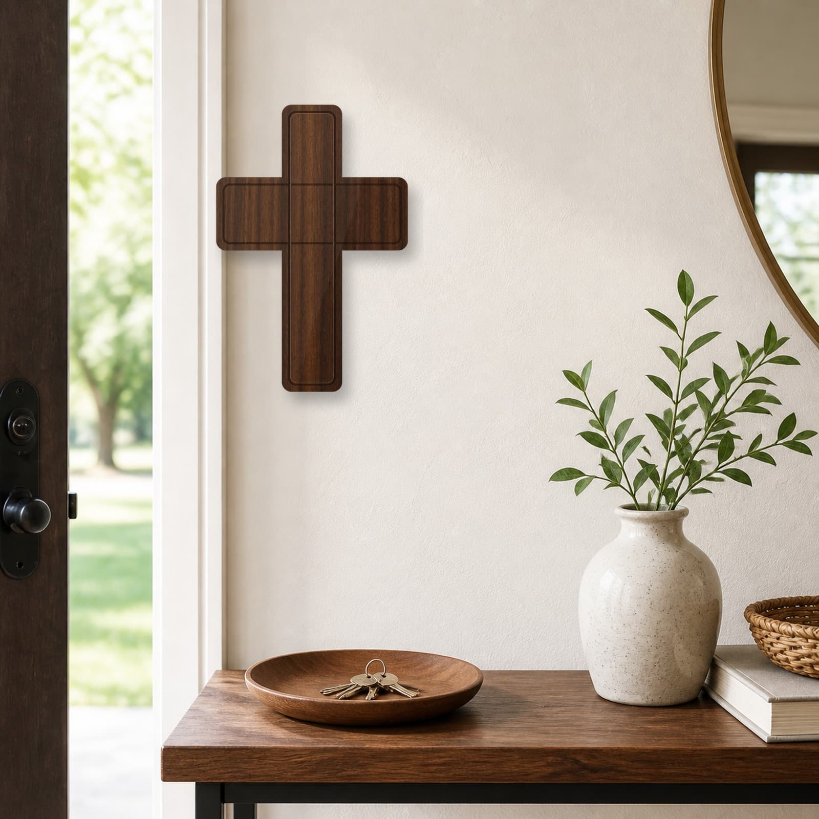 Black walnut wall cross displayed above a shelf in a calm bedroom corner
